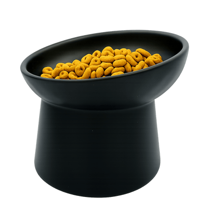 Black tilted ceramic cat bowl filled with dry kibble