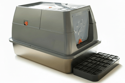 Enclosed cat litter box with flip-top lid, gray body and side entry window, open bottom tray
