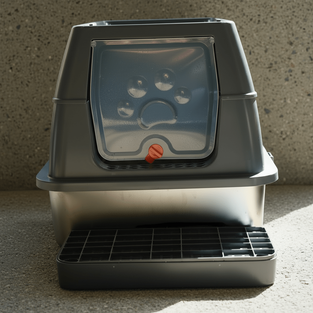 Enclosed cat litter box with flip-top lid, clear door panel and nose mark, gray base and grate