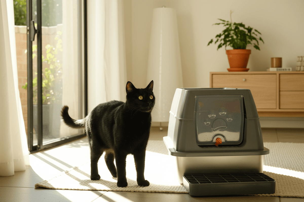 Enclosed cat litter box with flip-top lid and front ramp, sitting on the floor
