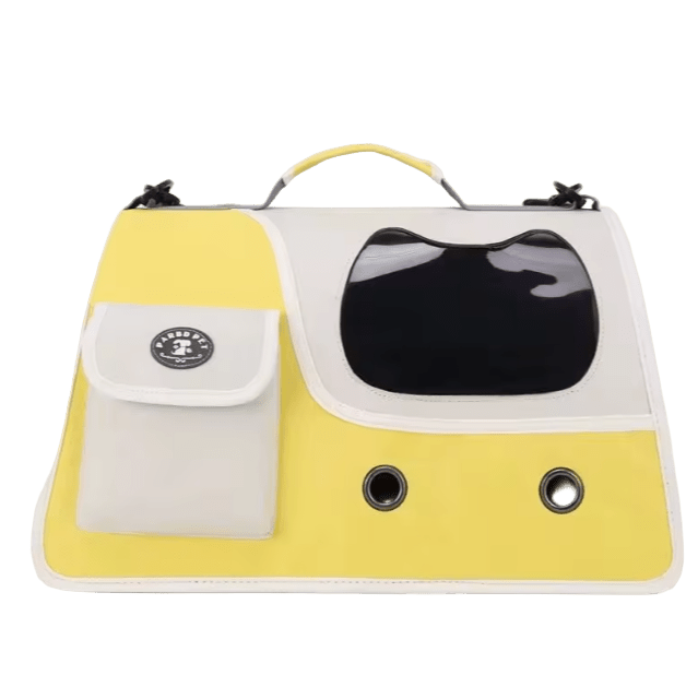 Yellow foldable cat carrier with front see-through window and side storage pocket