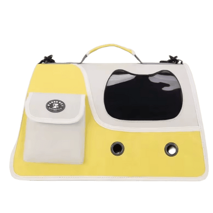 Yellow foldable cat carrier with front see-through window and side storage pocket