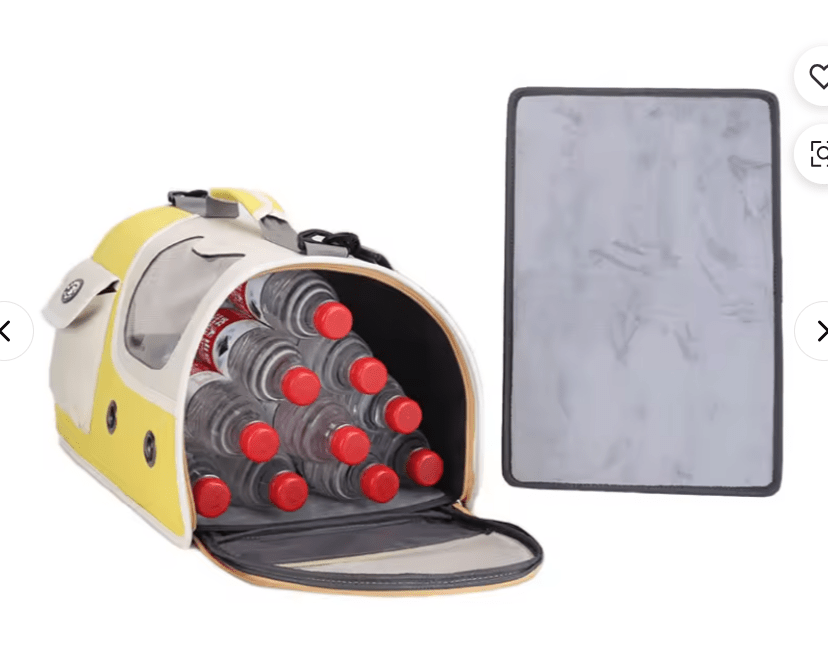 Yellow foldable cat carrier with front window, transparent door, and interior play area