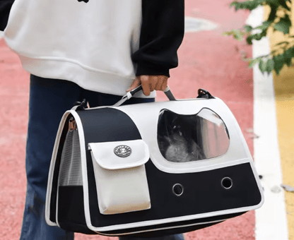 Black foldable cat carrier with front window and side pocket; cat visible inside