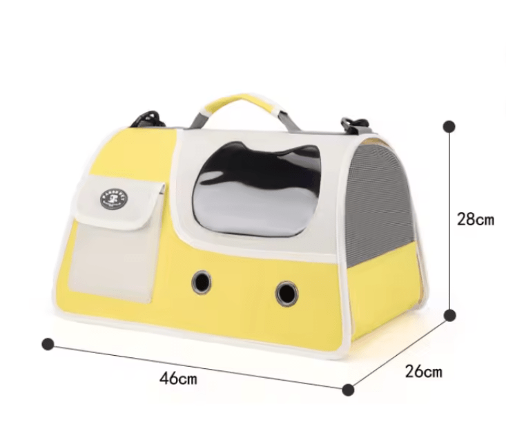 Yellow foldable cat carrier with front window, side pocket, and hanging shoulder strap