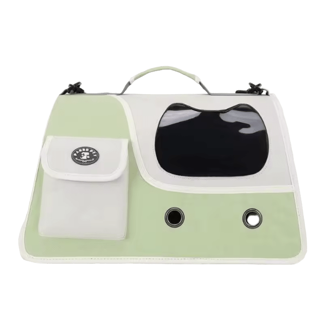 Light green foldable cat carrier with front see-through window and side storage pocket