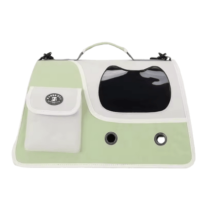 Light green foldable cat carrier with front see-through window and side storage pocket