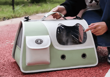 Light green foldable cat carrier with front window and side pocket; cat inside