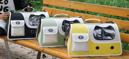 Foldable cat carriers set with front windows and side storage pockets in yellow and green