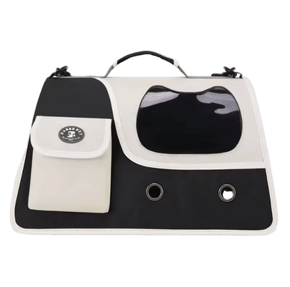 Black foldable cat carrier with front see-through window and side storage pocket