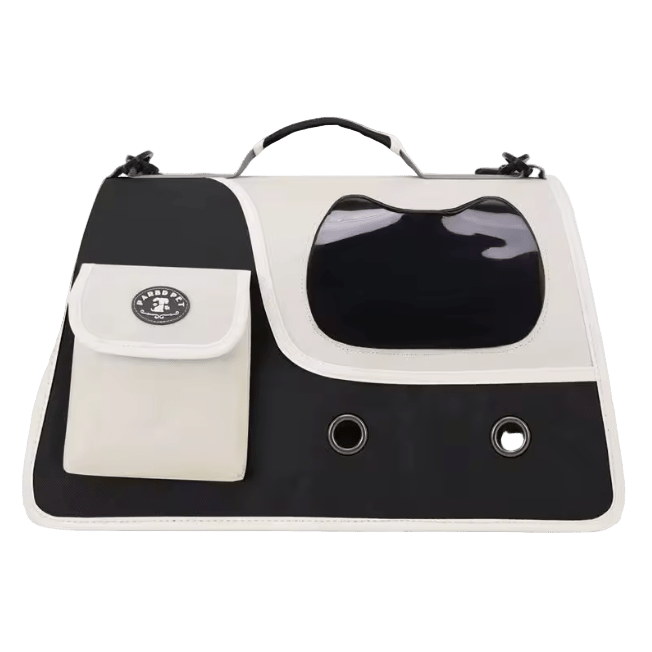 Black foldable cat carrier with front see-through window and side storage pocket