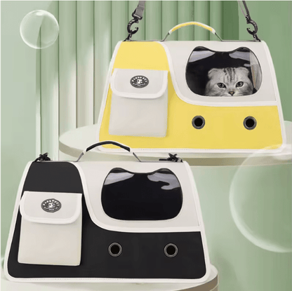 Foldable cat carrier in yellow with front mesh window and side storage pocket
