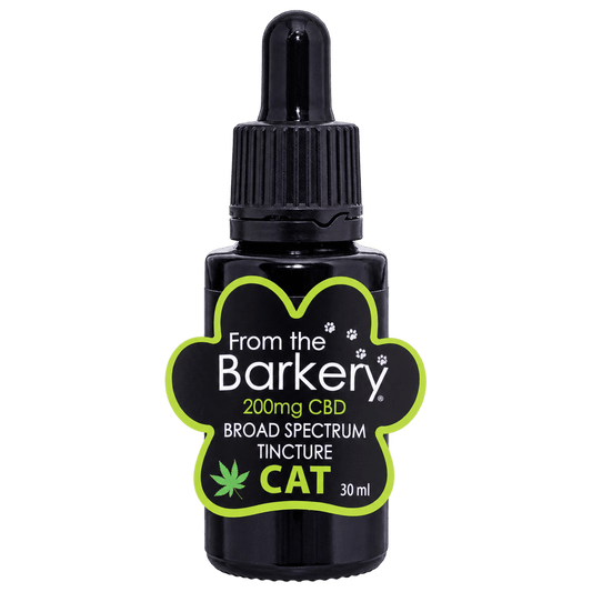 From the Barkery 200mg broad spectrum CBD tincture for cats, 30ml bottle with green paw label