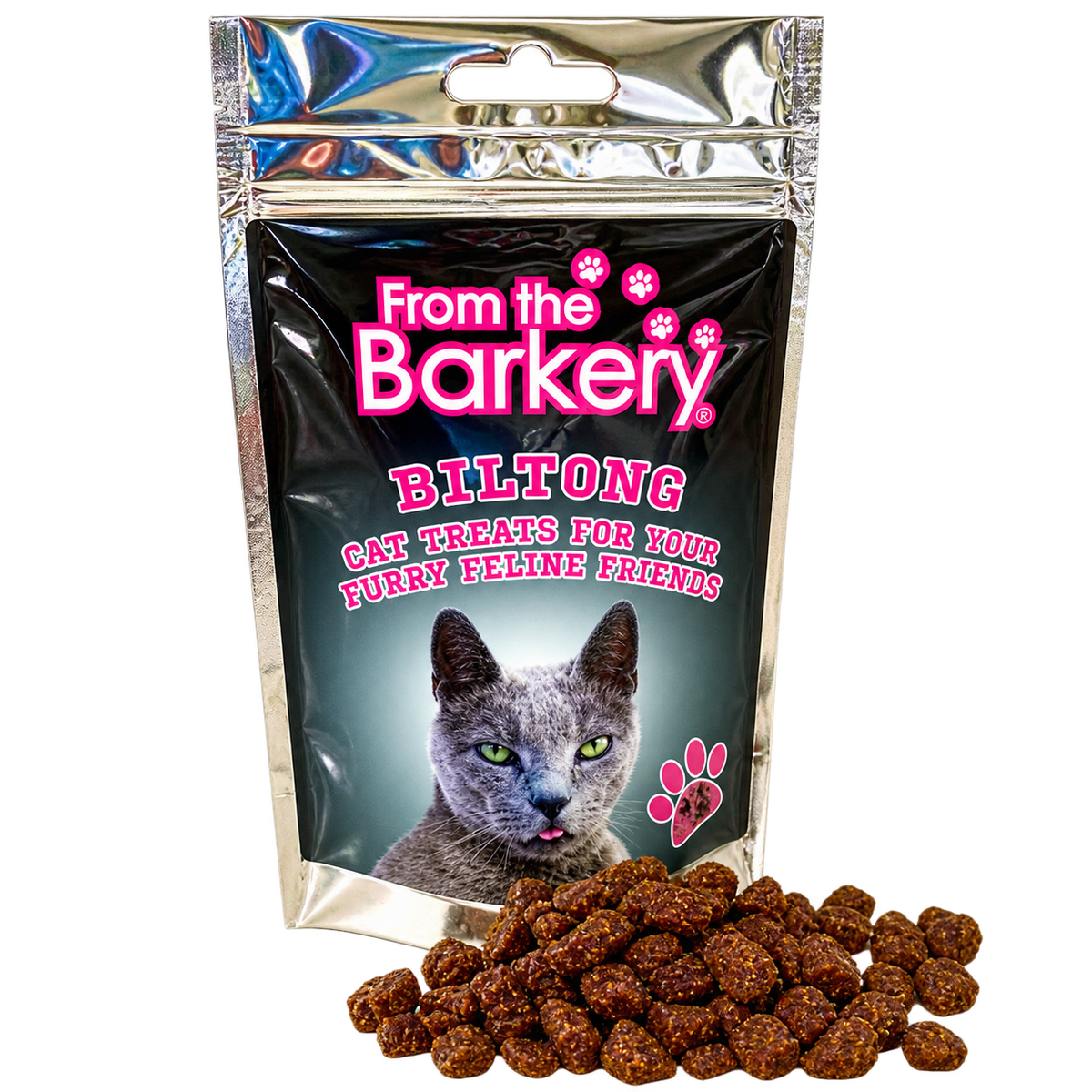 From the Barkery Biltong Cat Treats 40g silver pouch with cat label and treats