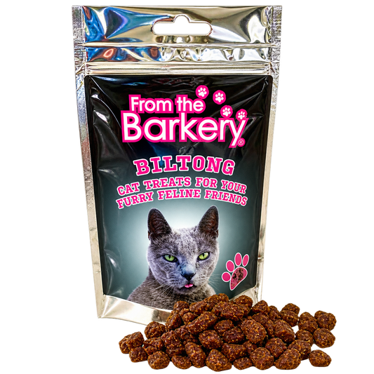 From the Barkery Biltong Cat Treats 40g silver pouch with cat label and treats