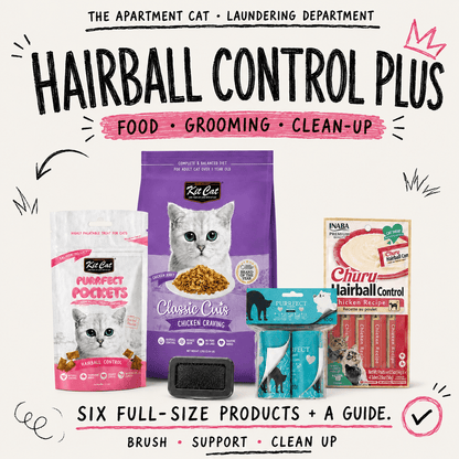 Hairball Control Plus food grooming and clean-up bundle in The Apartment Cat doodle style