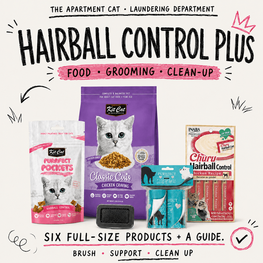 Hairball Control Plus food grooming and clean-up bundle in The Apartment Cat doodle style