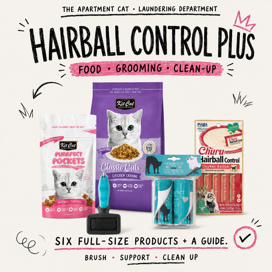Hairball Control Plus food, grooming and clean-up bundle with full slicker brush and two-roll lint roller pack