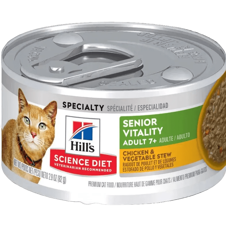 Hill's Science Diet senior wet cat food can, chicken & vegetable stew, silver lid