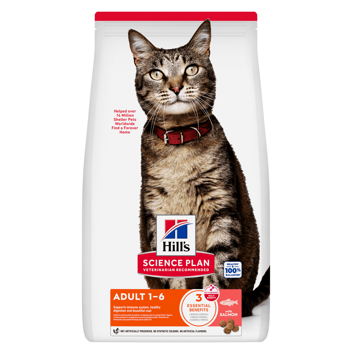 Hill's Science Plan adult dry cat food pouch with cat image and salmon flavor front