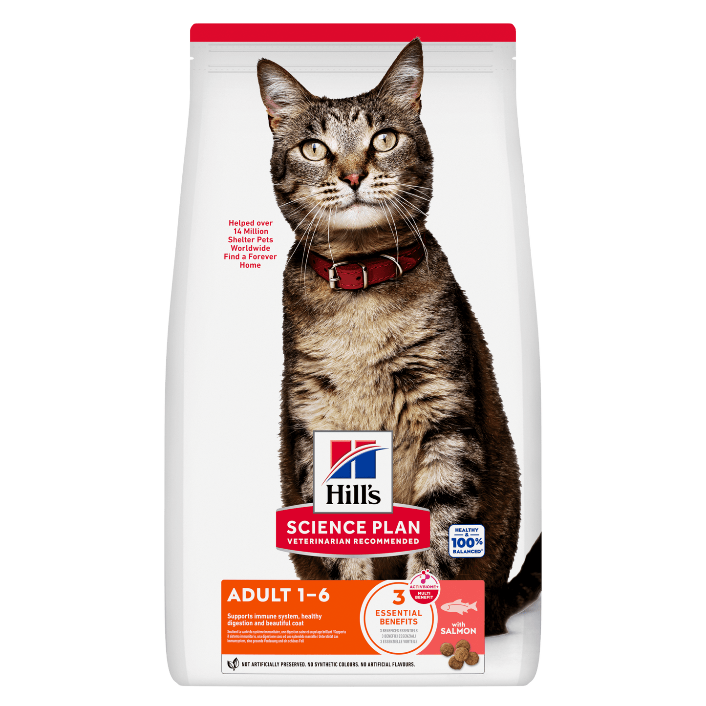 Hill's Science Plan adult dry cat food pouch with cat image and salmon flavor front