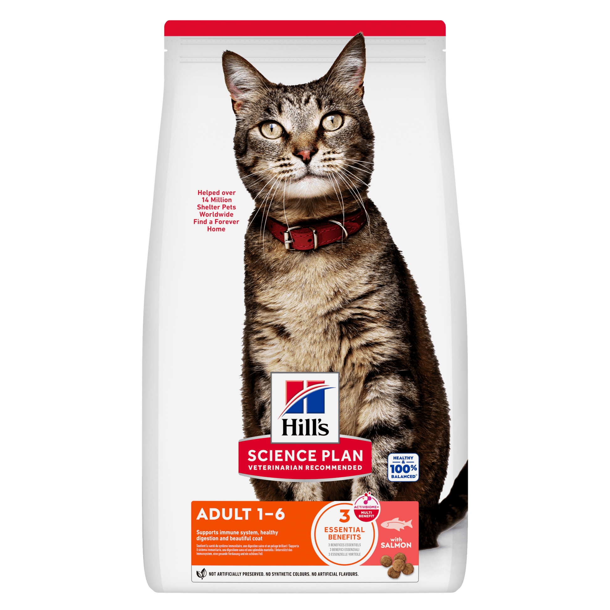 Hill's Science Plan adult dry cat food pouch with cat image and salmon flavor front