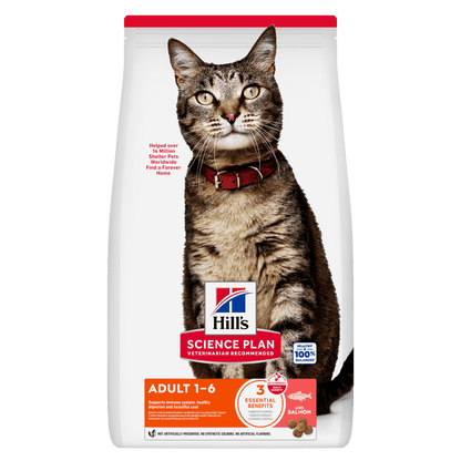 Hill's Science Plan adult dry cat food pouch with cat image and salmon flavor front