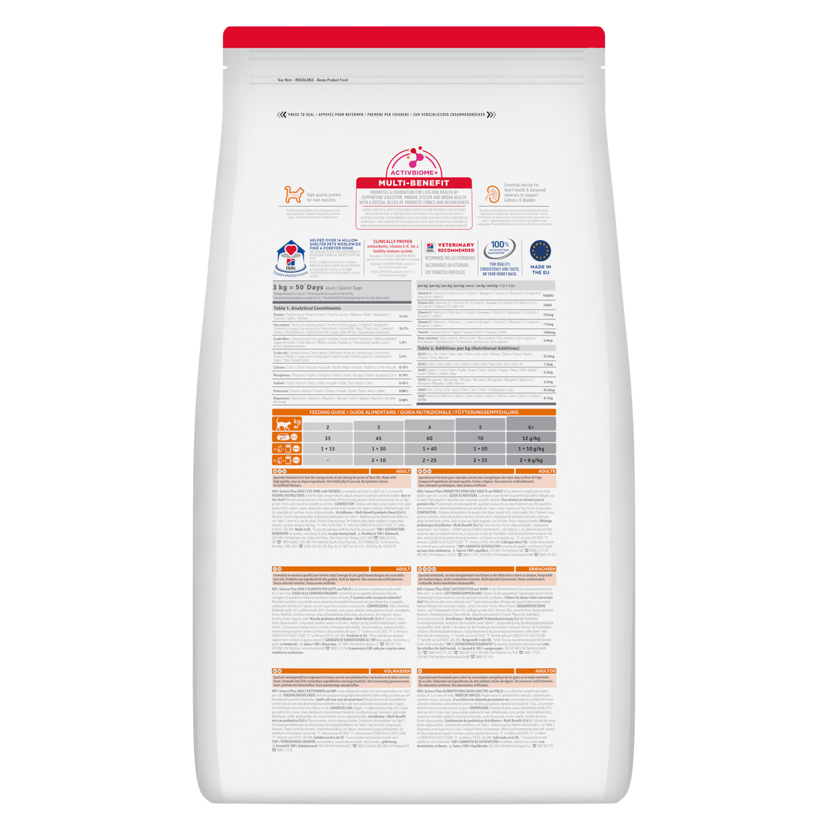 Hill's Science Plan dry cat food pouch, rear label with nutrition and feeding guide