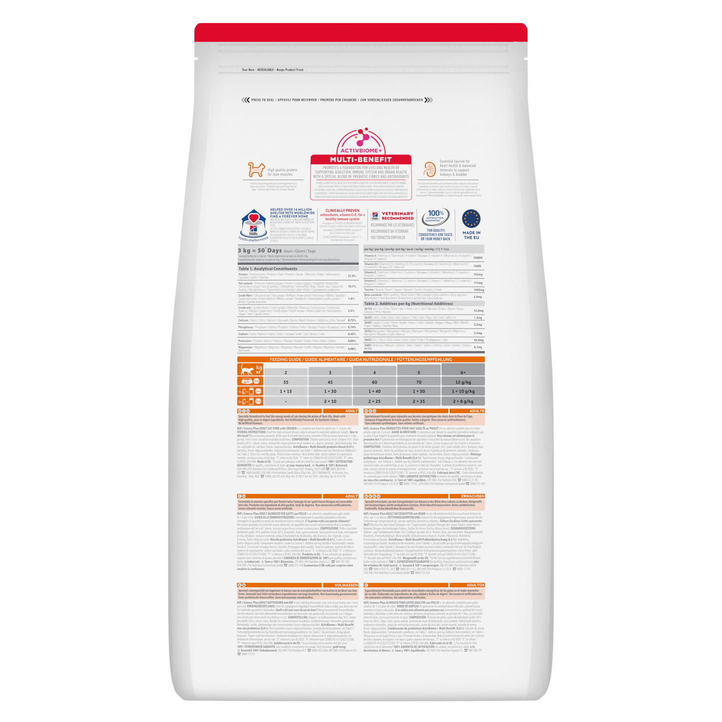 Hill's Science Plan dry cat food pouch, rear label with nutrition and feeding guide