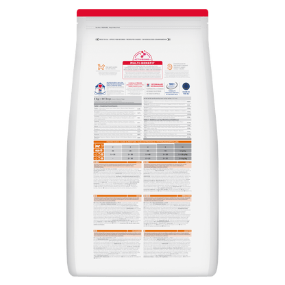 Hill's Science Plan dry cat food pouch, rear label with nutrition and feeding guide
