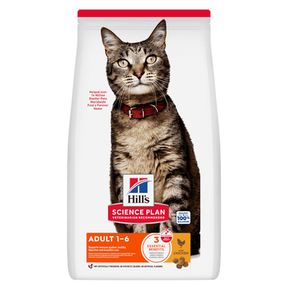 Hill's Science Plan adult dry cat food pouch with cat image and chicken flavor front