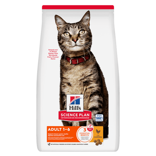 Hill's Science Plan adult dry cat food pouch with cat image and chicken flavor front