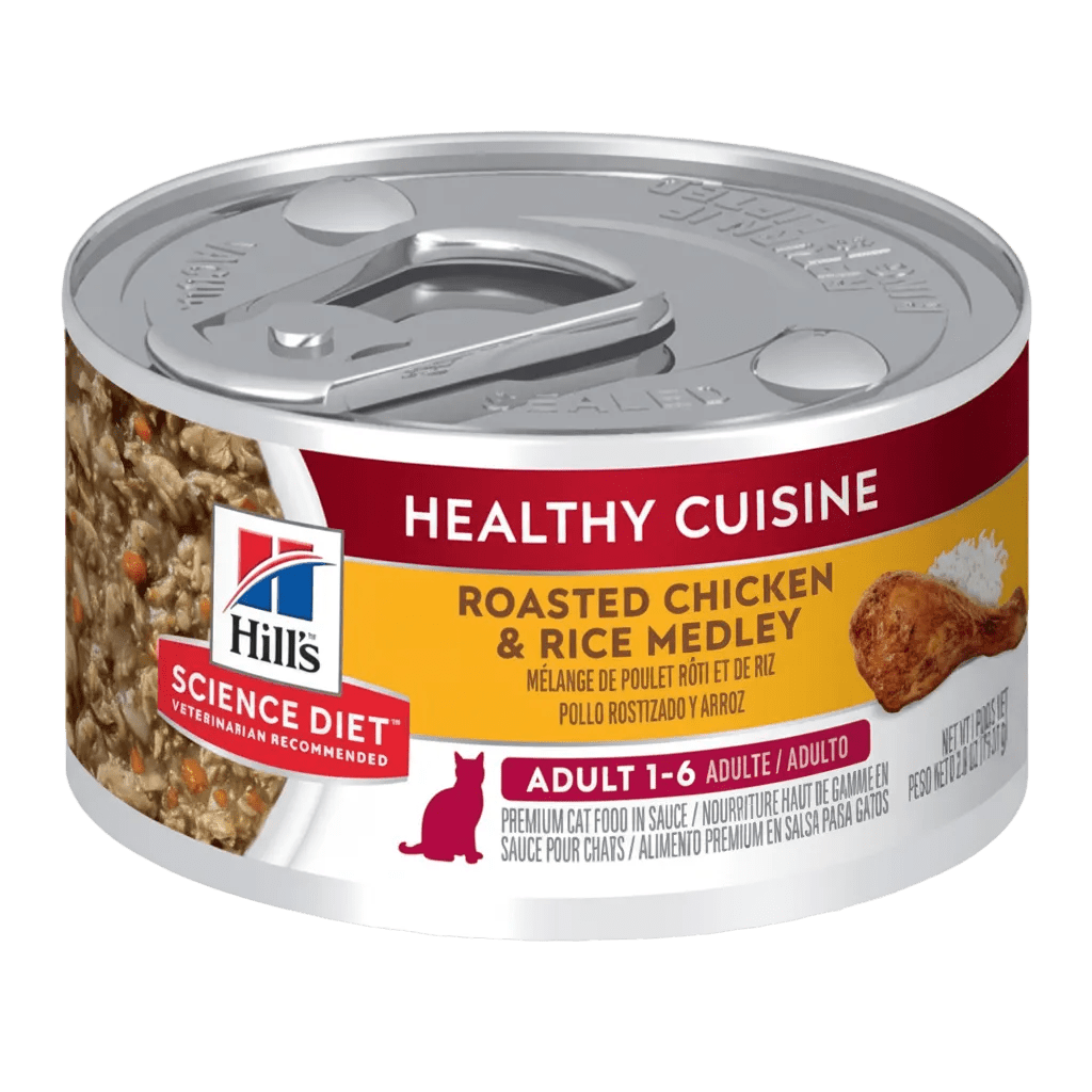 Cat wet food pouch can with Healthy Cuisine roasted chicken and rice medley label, 79g
