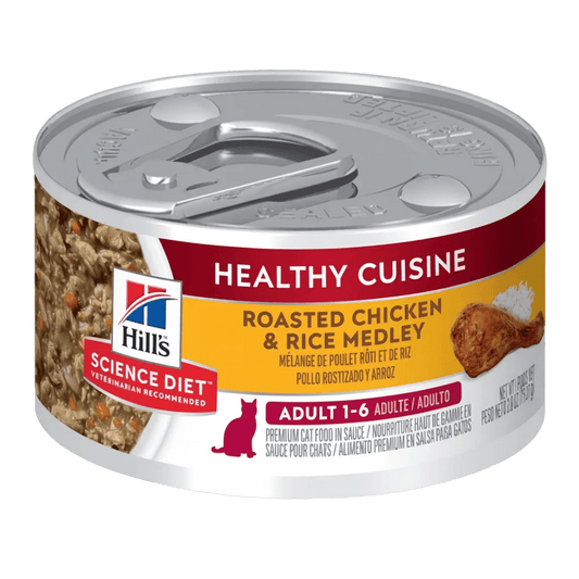 Cat wet food pouch can with Healthy Cuisine roasted chicken and rice medley label, 79g