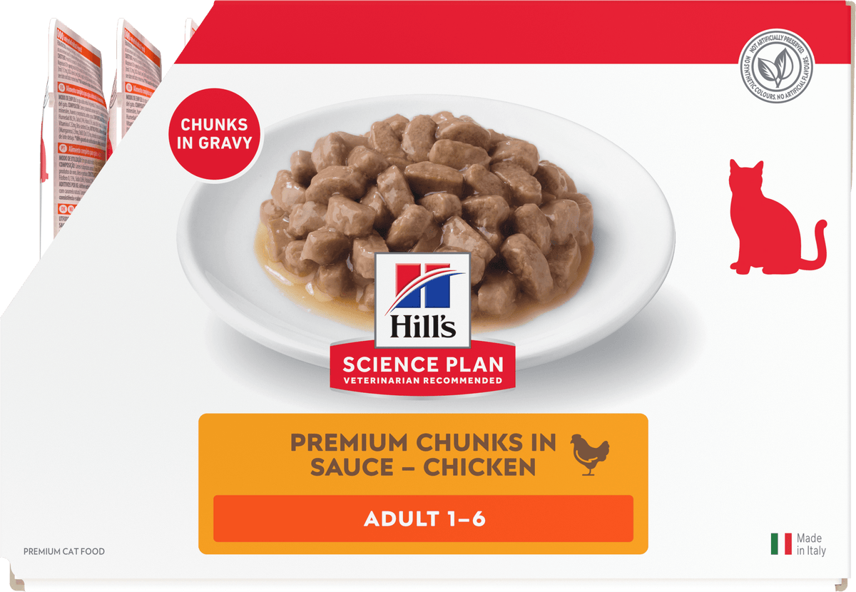 Wet cat food pouch with chunks in gravy, adult 1–6 (chicken).