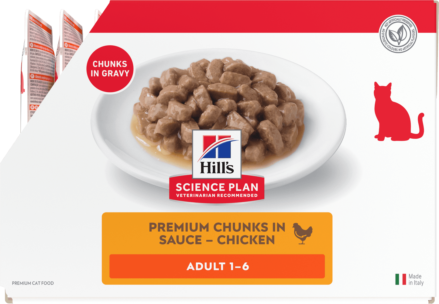 Wet cat food pouch with chunks in gravy, adult 1–6 (chicken).
