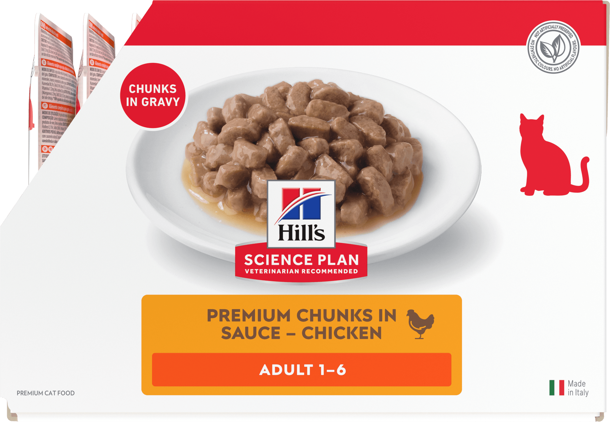 Wet cat food pouch with chunks in gravy, adult 1–6 (chicken).