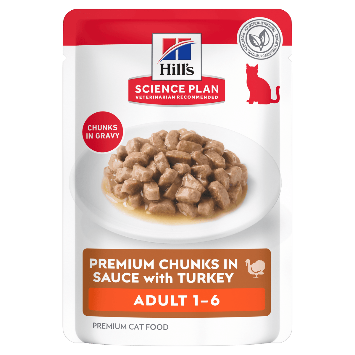Wet cat food pouch with chunks in gravy, adult 1–6 (turkey).