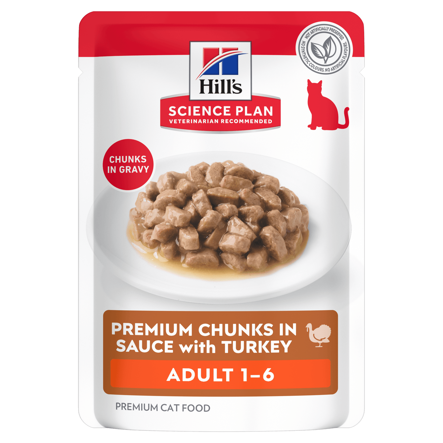 Wet cat food pouch with chunks in gravy, adult 1–6 (turkey).