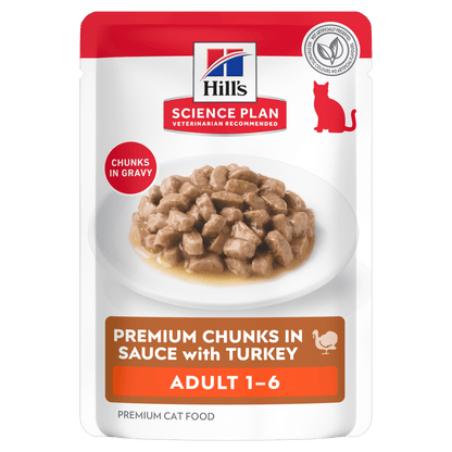 Wet cat food pouch with chunks in gravy, adult 1–6 (turkey).