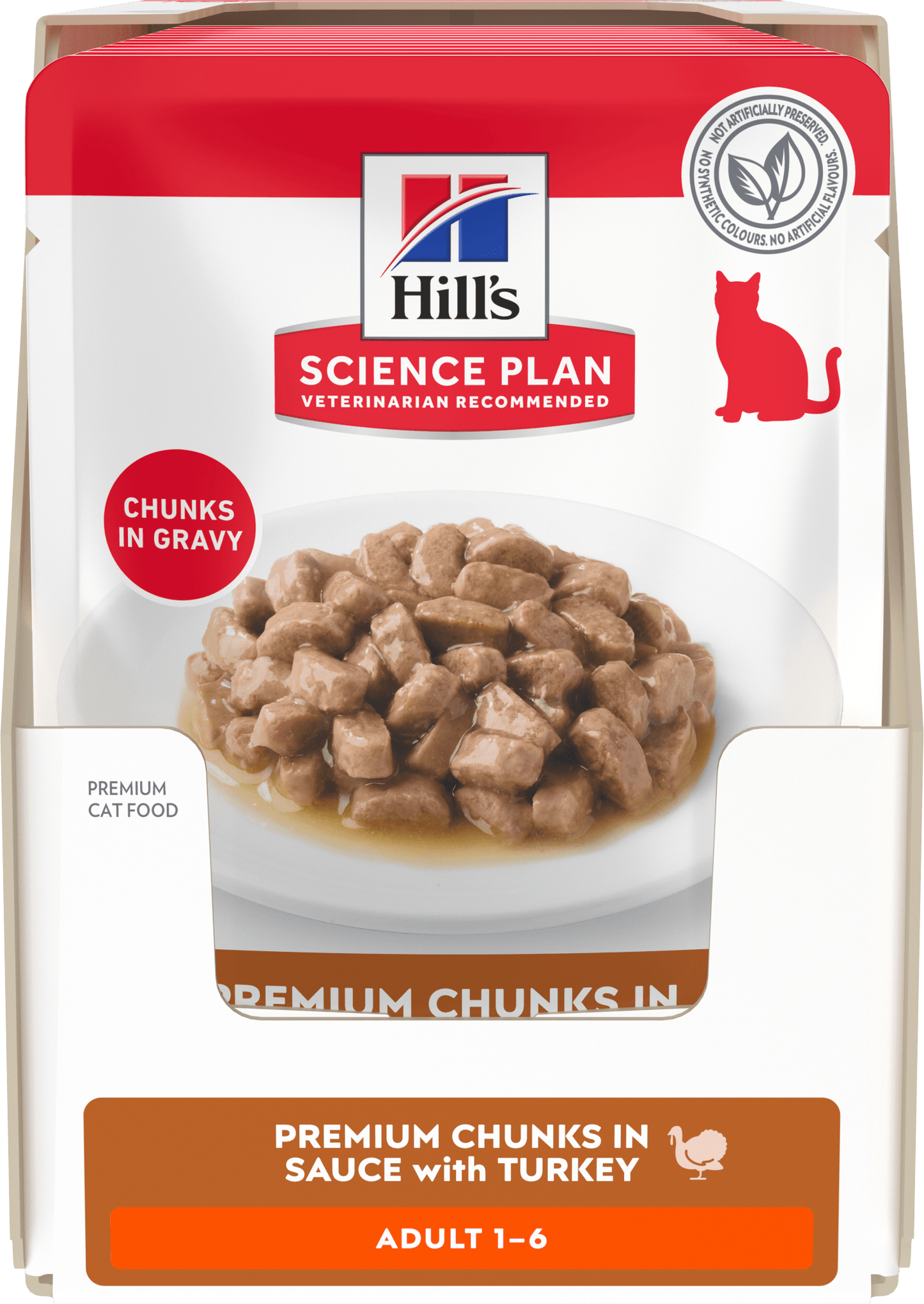 Wet cat food pouch with chunks in gravy, adult 1–6 (turkey).