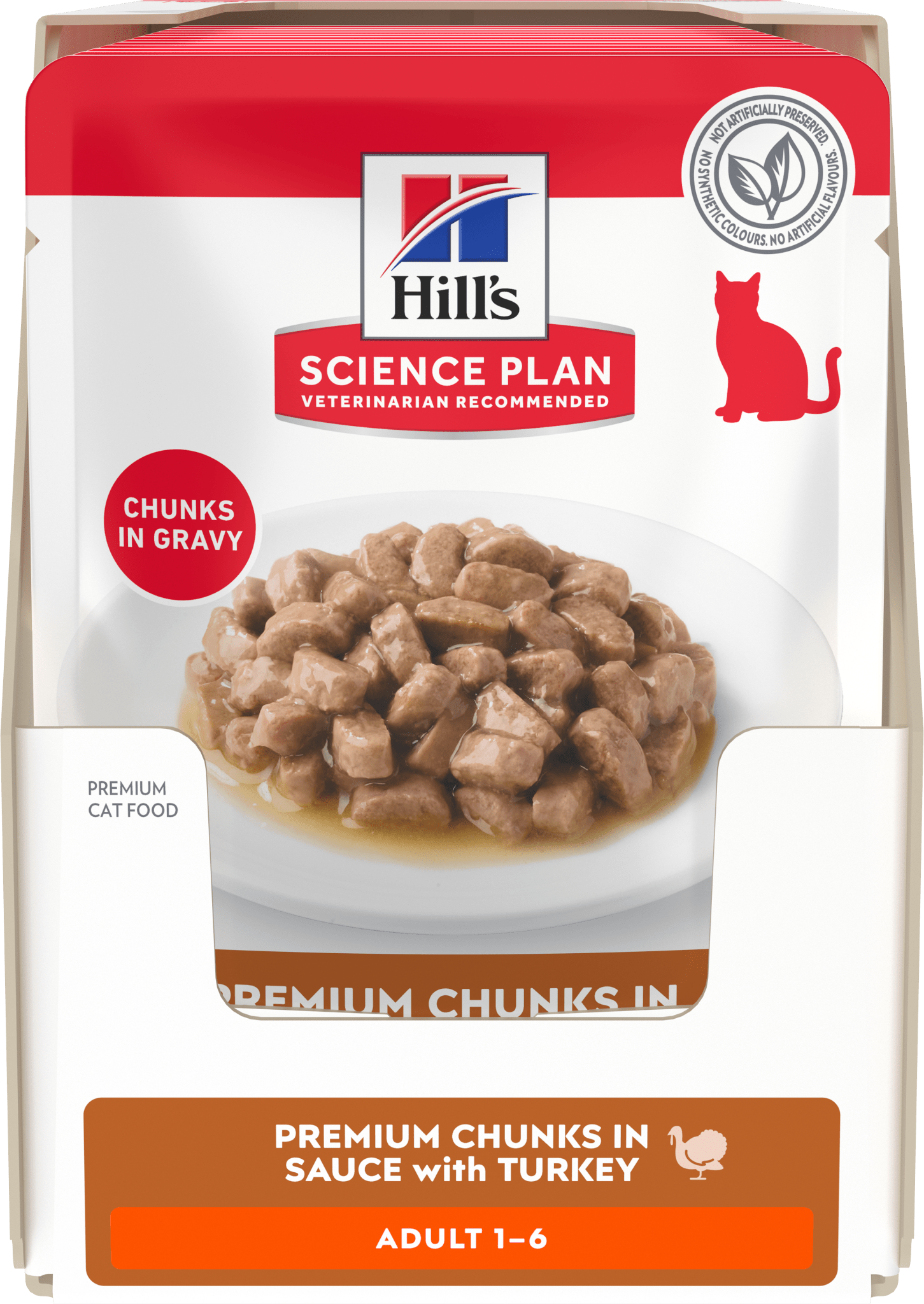 Wet cat food pouch with chunks in gravy, adult 1–6 (turkey).