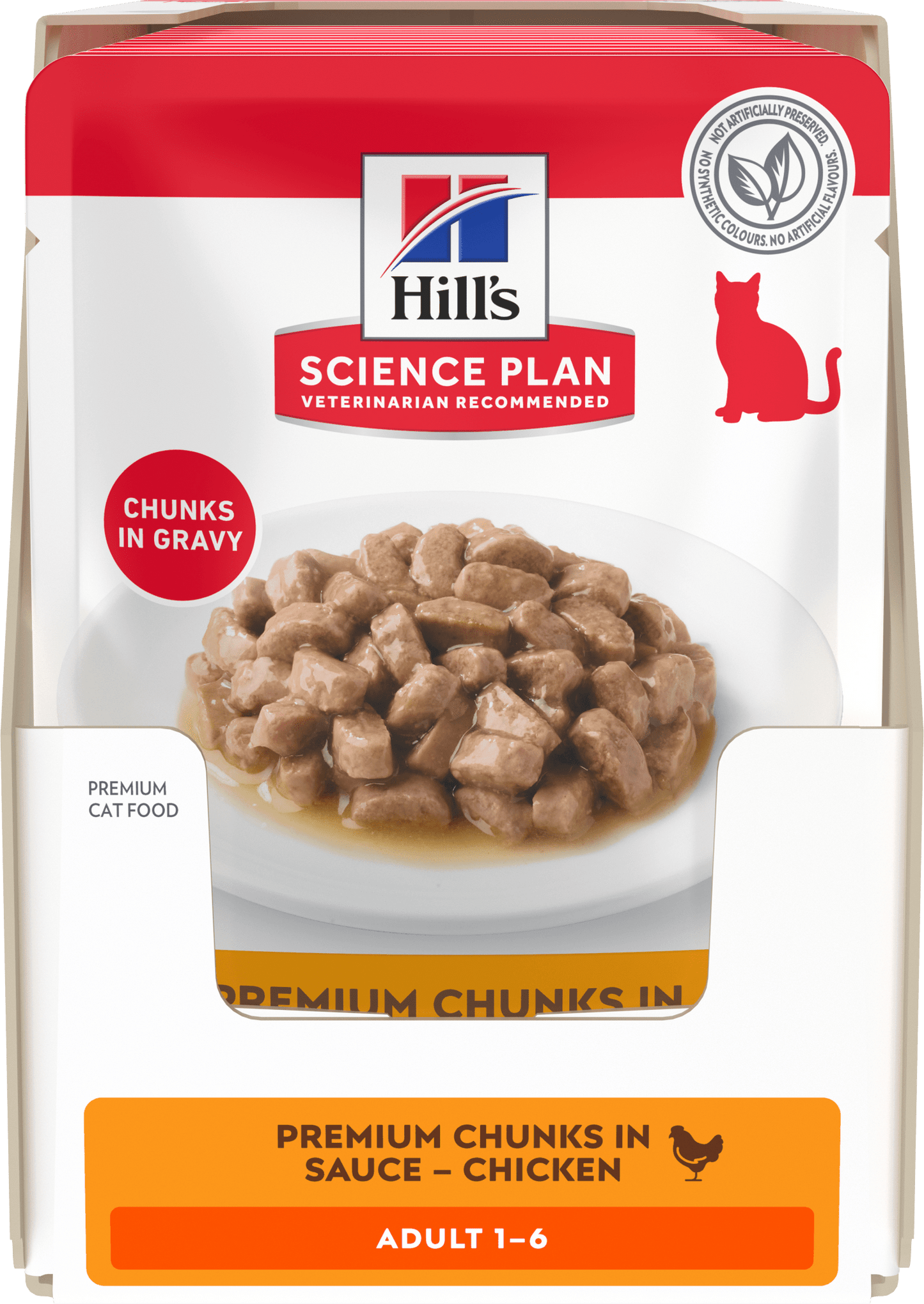 Wet cat food pouch pack showing chunks in gravy, adult 1–6 (chicken).
