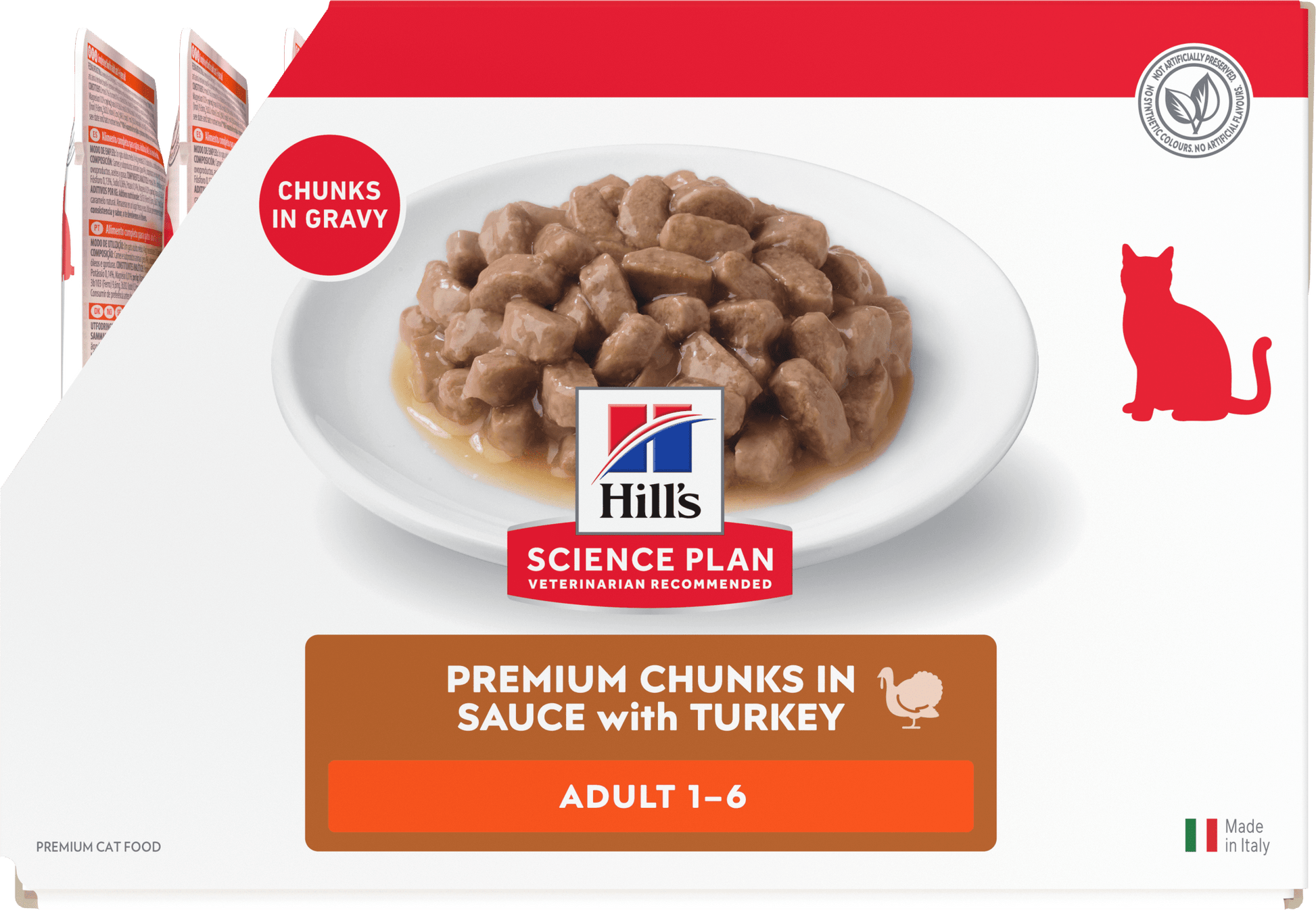 Wet cat food pouch with chunks in gravy, adult 1–6 (turkey).