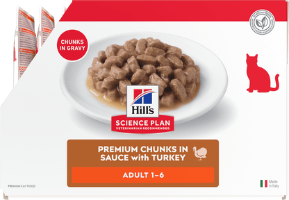 Wet cat food pouch with chunks in gravy, adult 1–6 (turkey).