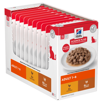 Hill's Science Plan adult 1–6 cat food pouch multipack, 6x chicken and 6x turkey selection