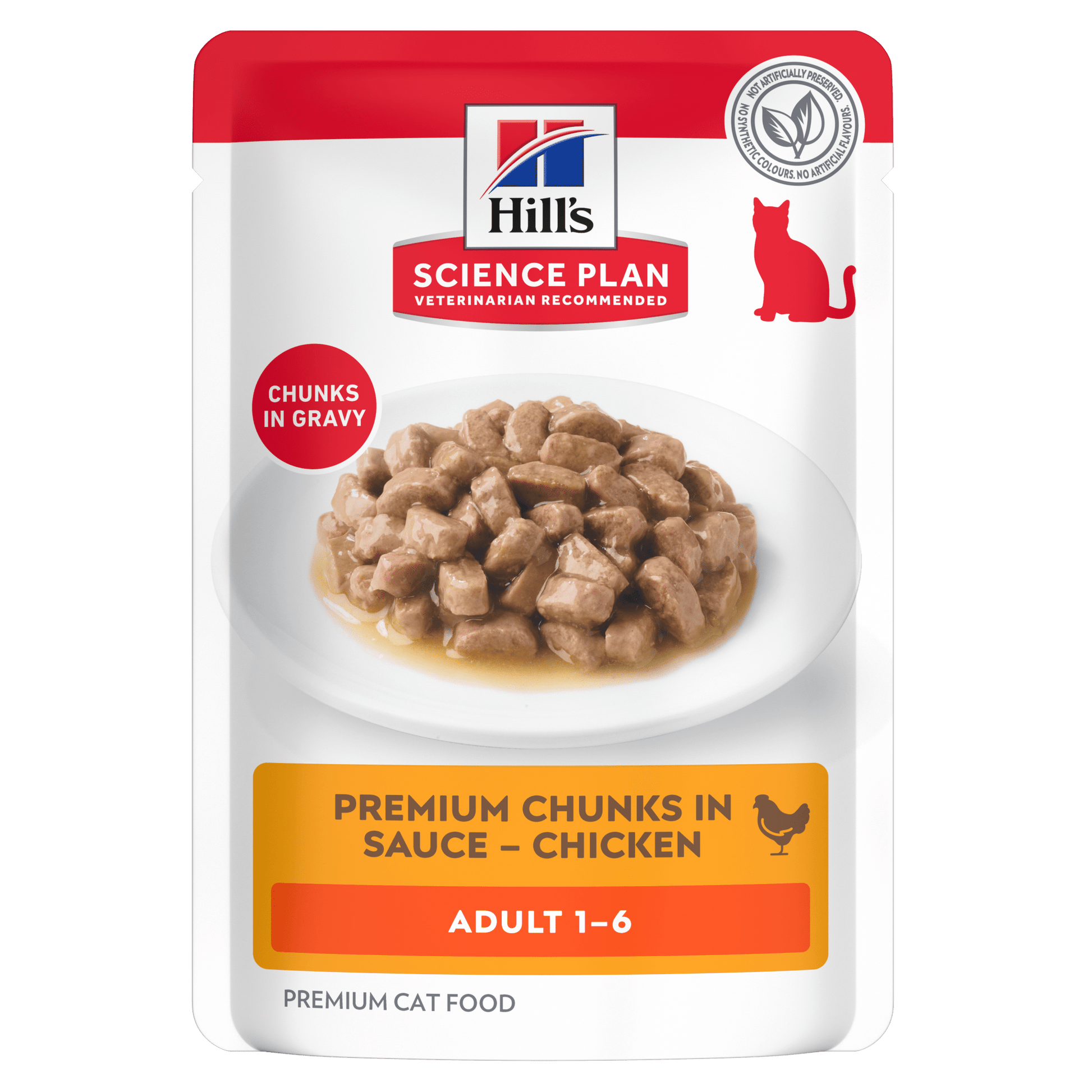 Wet cat food pouch with chunks in gravy, adult 1–6 (chicken).
