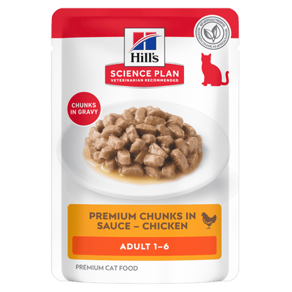 Wet cat food pouch with chunks in gravy, adult 1–6 (chicken).