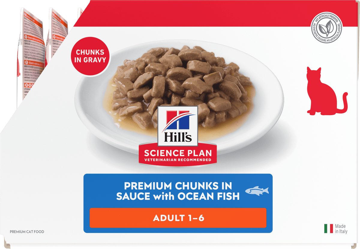 Hill's Science Plan adult 1–6 cat food pouch, premium chunks in sauce with ocean fish