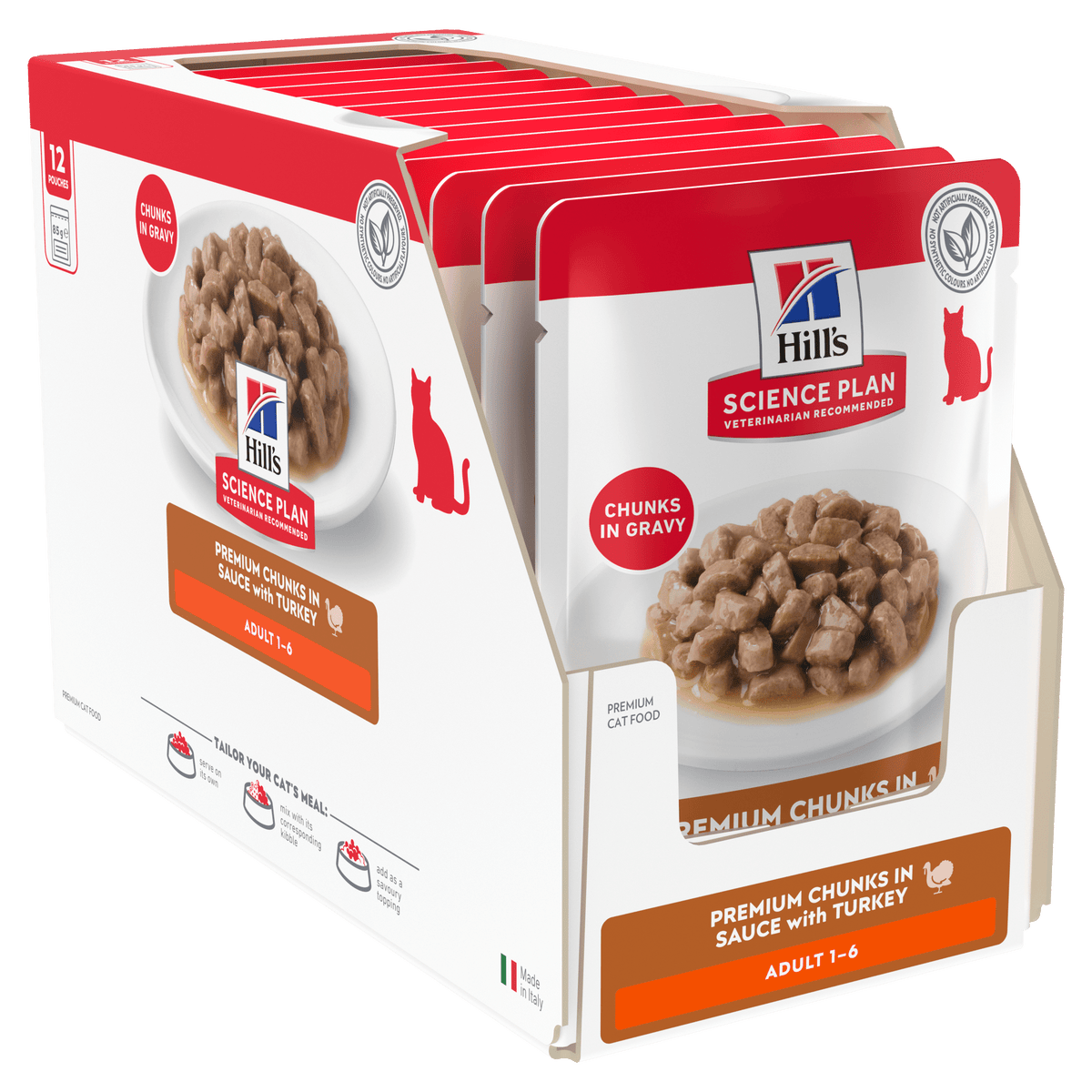 Hill's Science Plan adult cat food pouches box, chunks in gravy, turkey and ocean fish